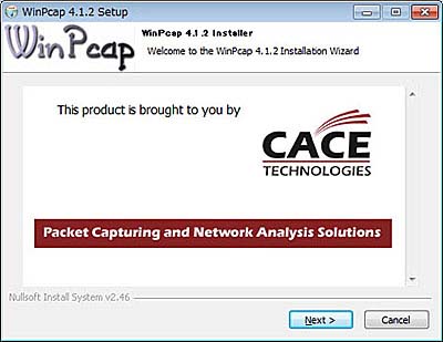 WinPcapのインストール開始画面