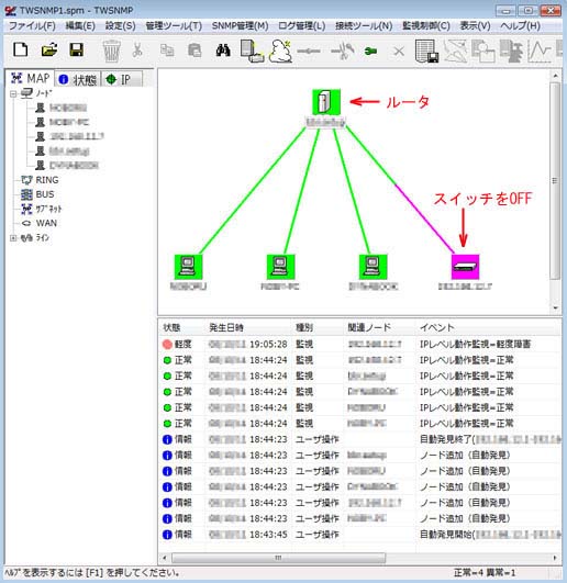 TWSNMPマネージャの表示画面（全ての接続機器の表示・確認）